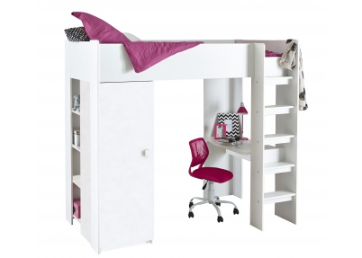 Hoogslaper Game wit met bureau, kledingkast en boekenkast voor meisjes en jongens heeft een matrasmaat van 90 x 200 cm.