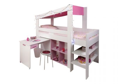 Roze halfhoogslaper Cottage met uitgeschoven bureau voor meisjes
