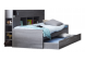 Handig eenpersoonsbed Side By Side zilver grijs eik met veel opbergruimte en geopende slaaplade in een tienerkamer
