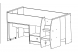 Schematische tekening van de compacte halfhoogslaper Sassy met lade, een uitrijdbaar bureau en brede trap
