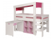 Roze halfhoogslaper Cottage met vrolijk dak boven het bed, een uitschuifbaar bureau op wieltjes en boekenkast