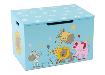 Lichtblauwe kist Big 5 met een vrolijke print met zebra, nijlpaard, giraffe, leeuw en roze olifantje