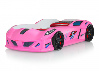 Sport race autobed Karma roze met ledlichtjes in de gril, de koplampen, in de velgen en onder het bed
