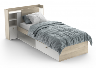 Tienerbed Living wit met opgemaakt matras en gesloten lade