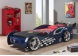 Kinderbed race-auto Gran Turismo blauw met chrome velgen in een kinderkamer