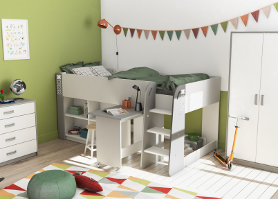 Tienerkamer '4 Crosses' met halfhoogslaper Stoere tienerkamer 4 Crosses met halfhoogslaper in wit met lichtgrijs